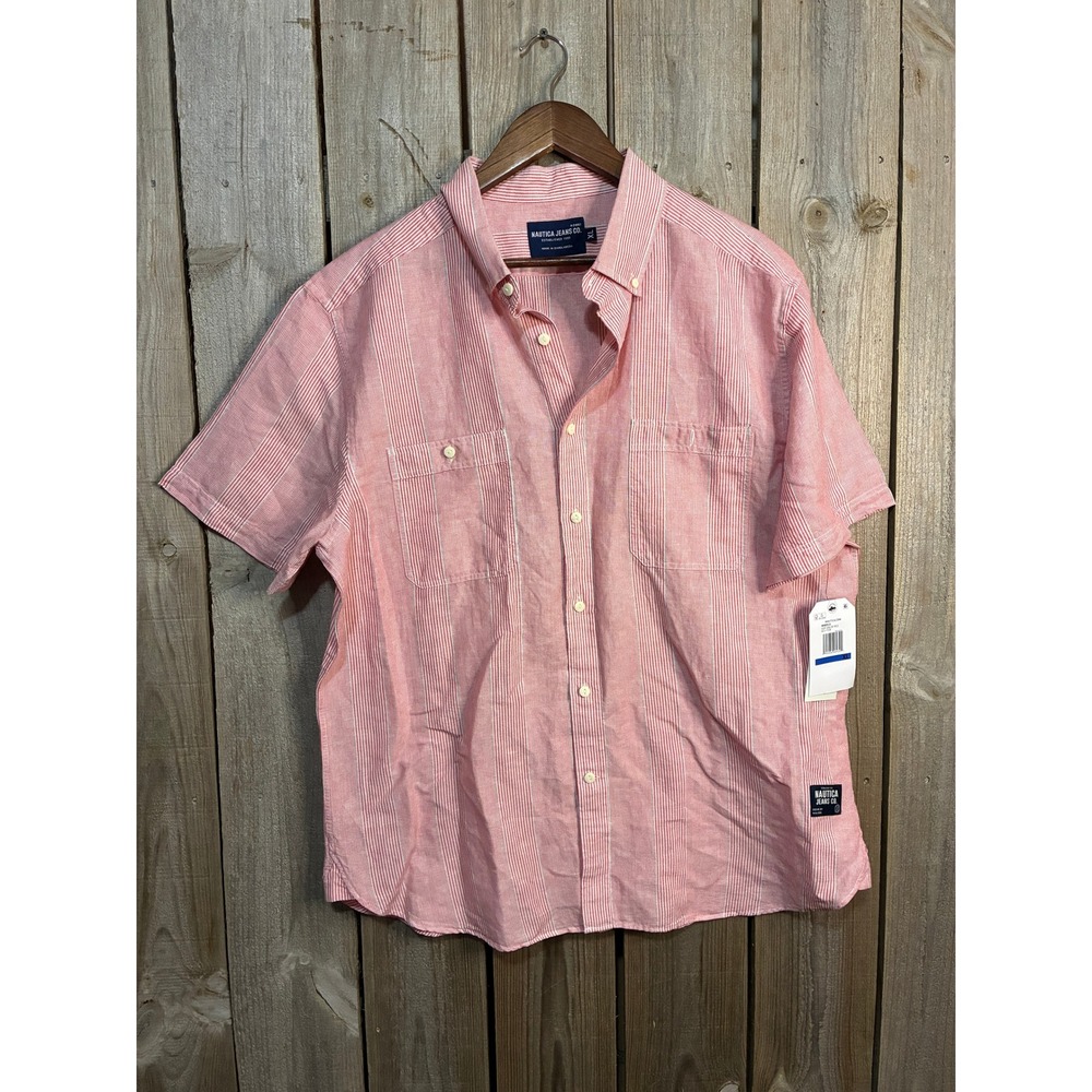 Nautica Jeans Co Mens XL Red White Striped Linen Blend Short Sleeve Shirt‎ NWT